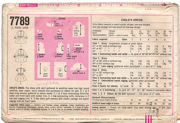 Vintage 1960s Simplicity Pattern 7789 Girls Short Dress Peter Pan Collar Bust 23 Waist 21 Size 4 - Avid Vintage