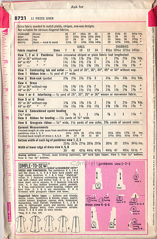 Vintage 1970s Simplicity Pattern 8721 Girls Pant Dress Bust 30 Hip 32 Size 12 - Avid Vintage
