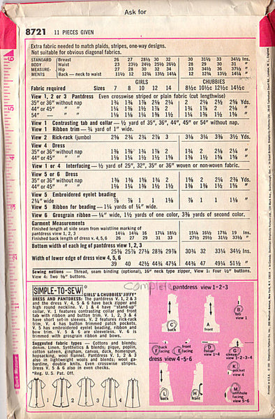 Vintage 1970s Simplicity Pattern 8721 Girls Pant Dress Bust 30 Hip 32 Size 12 - Avid Vintage