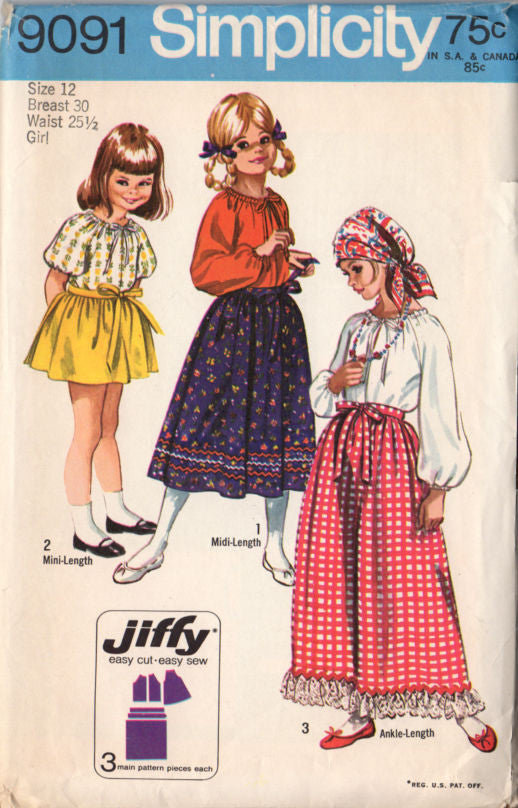 Vintage 1970s Girls Back Wrap Skirt in Three Lengths Blouse Simplicity Sewing Pattern 9091 Size 12 - Avid Vintage