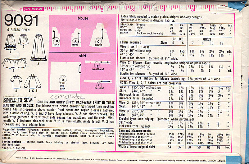 Vintage 1970s Girls Back Wrap Skirt in Three Lengths Blouse Simplicity Sewing Pattern 9091 Size 12 - Avid Vintage