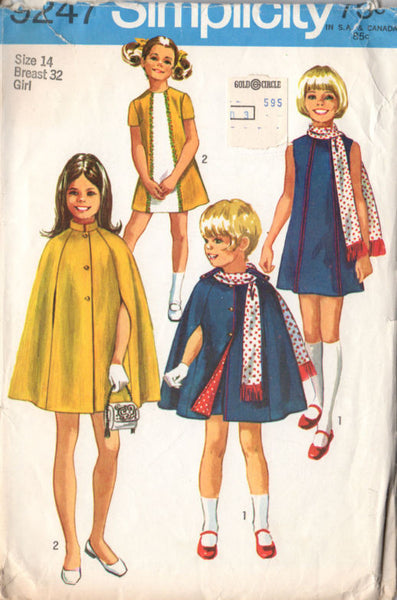 Vintage 1970s Girls Dress Cape and Scarf Simplicity Sewing Pattern 9247 Size 14 Bust 32 Hip 34 - Avid Vintage