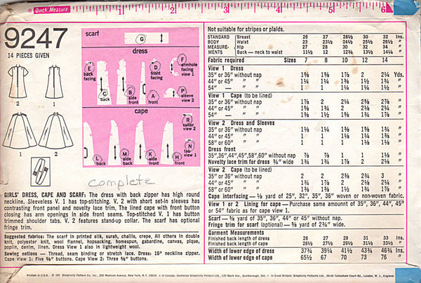 Vintage 1970s Girls Dress Cape and Scarf Simplicity Sewing Pattern 9247 Size 14 Bust 32 Hip 34 - Avid Vintage