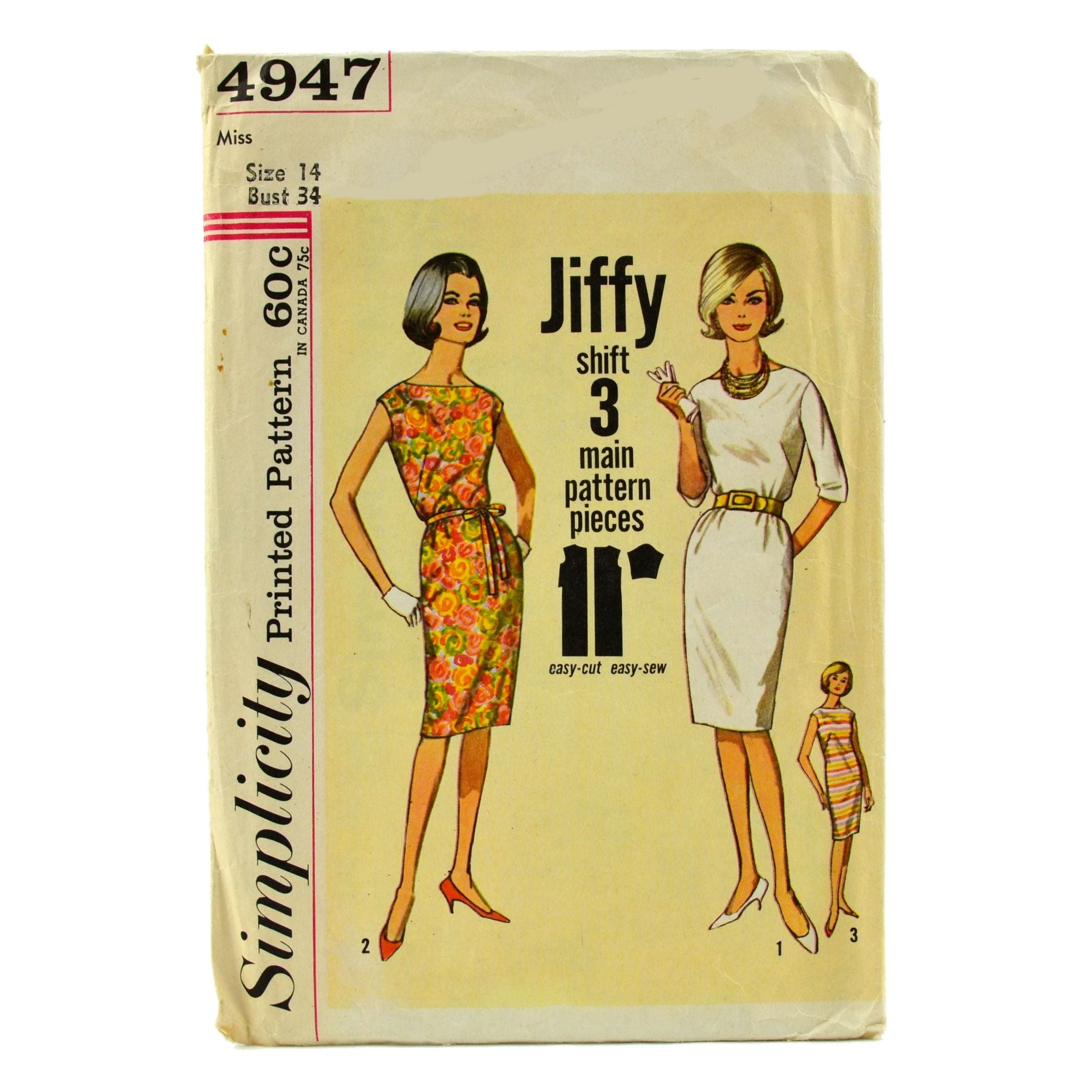 Vintage 1960s Simplicity Sewing Pattern 4947 Misses Knee Length Dress Bust 34