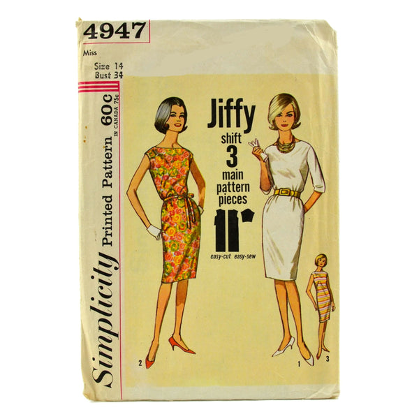 Vintage 1960s Simplicity Sewing Pattern 4947 Misses Knee Length Dress Bust 34