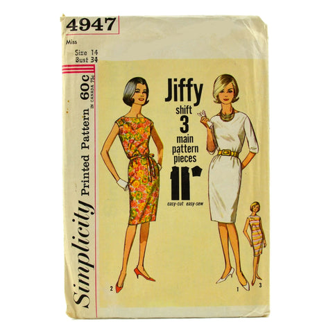 Vintage 1960s Simplicity Sewing Pattern 4947 Misses Knee Length Dress Bust 34
