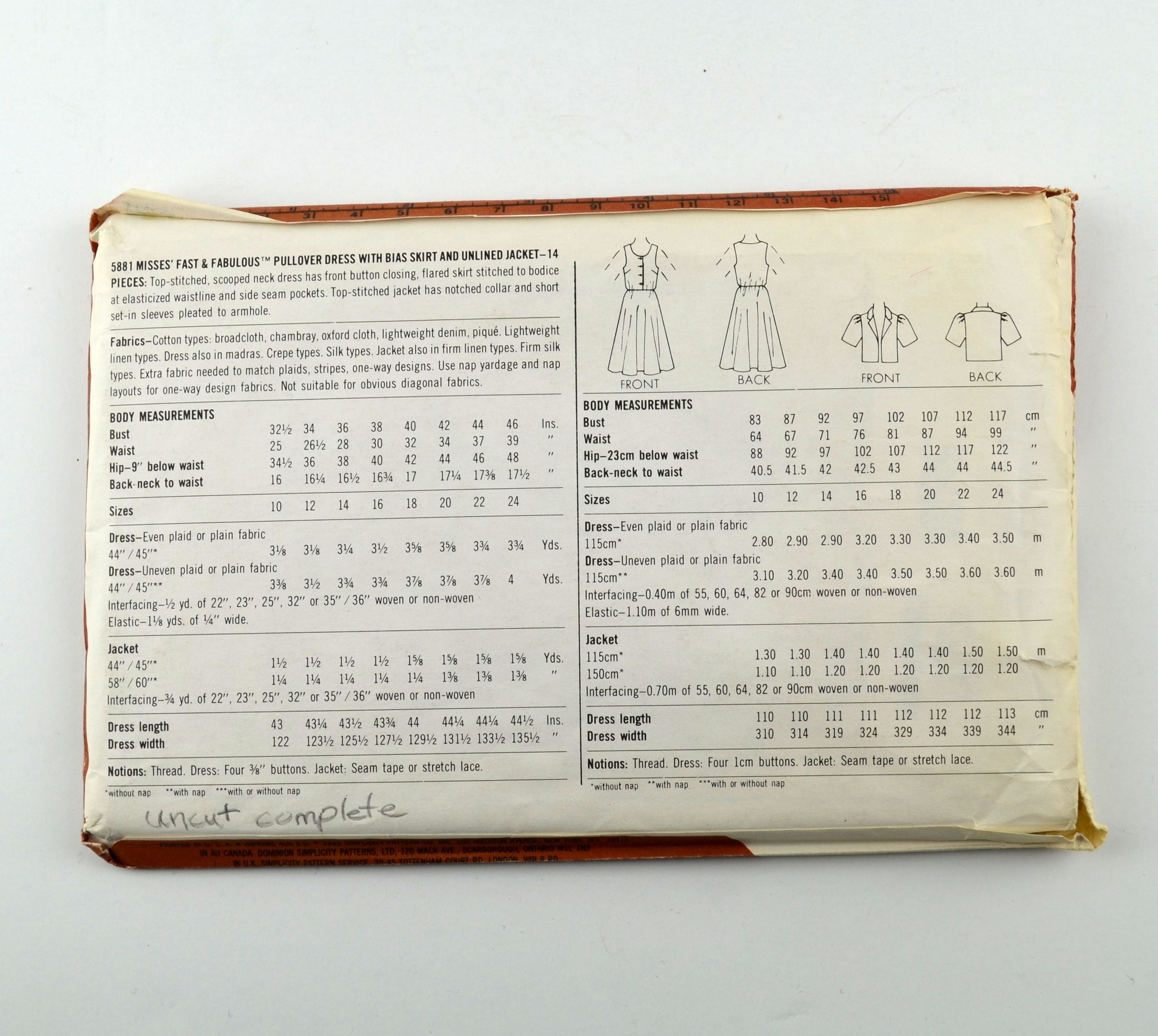 Simplicity Sewing Pattern 5881 Misses Pullover Scooped Neck Dress Unlined Jacket - Avid Vintage