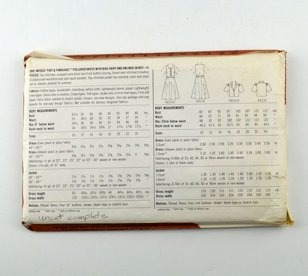 Simplicity Sewing Pattern 5881 Misses Pullover Scooped Neck Dress Unlined Jacket - Avid Vintage