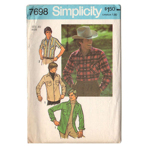 Simplicity 7698 Vintage 1970s Mens Top Stitched Shirt Pattern Adult Chest 40