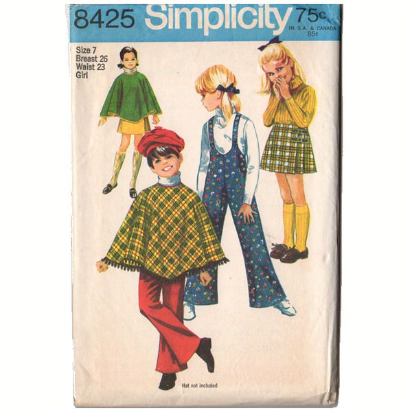 Vintage 1960s Simplicity Sewing Pattern 8425 Girls Poncho and Bell Bottom Pants Size 7