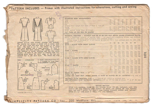 Simplicity Sewing Pattern 1091 Vintage 1944 Junior Misses and Misses Jumper and Blouse - Avid Vintage