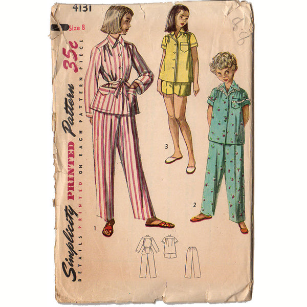 Vintage Simplicity Sewing Pattern 4131 Girls Two Piece Pajamas Pants Waist 23 Size 8 - Avid Vintage