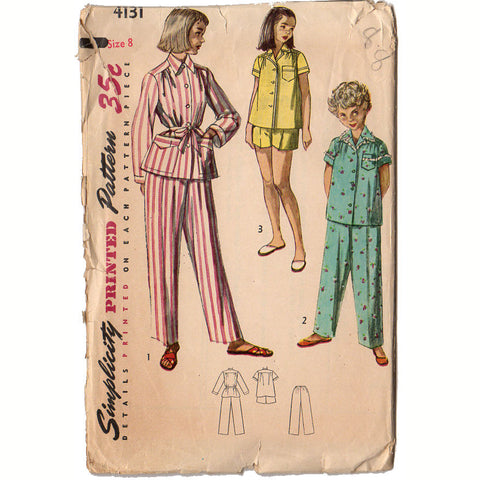 Vintage Simplicity Sewing Pattern 4131 Girls Two Piece Pajamas Pants Waist 23 Size 8 - Avid Vintage