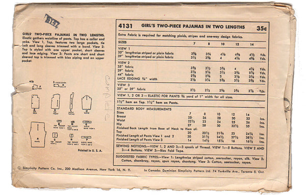 Vintage Simplicity Sewing Pattern 4131 Girls Two Piece Pajamas Pants Waist 23 Size 8 - Avid Vintage