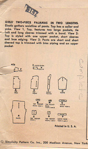 Vintage Simplicity Sewing Pattern 4131 Girls Two Piece Pajamas Pants Waist 23 Size 8 - Avid Vintage