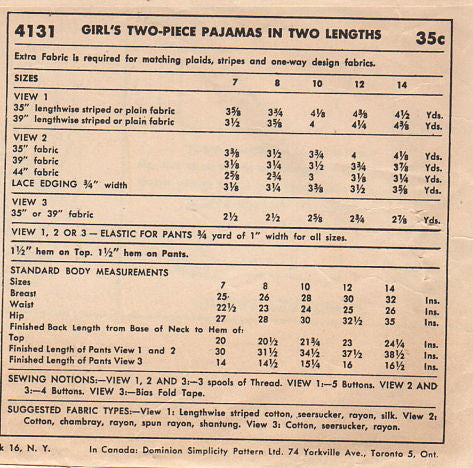 Vintage Simplicity Sewing Pattern 4131 Girls Two Piece Pajamas Pants Waist 23 Size 8 - Avid Vintage