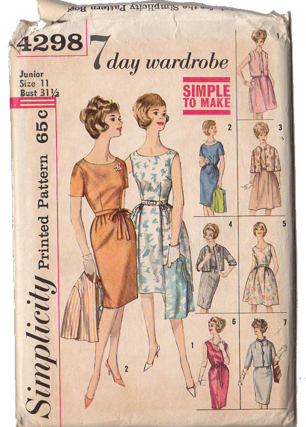 Vintage 1960s Simplicity Sewing Pattern 4298 Junior and Misses 7 Day Wardrobe Dress