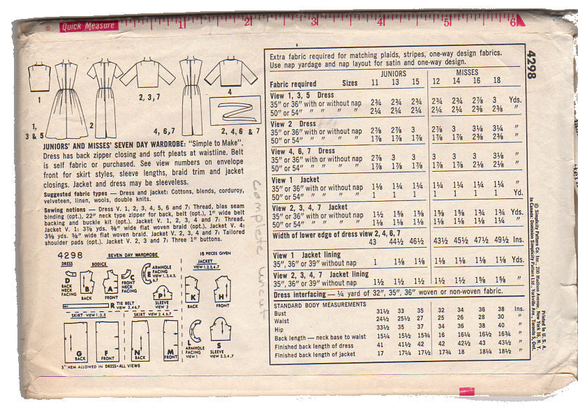 Vintage 1960s Simplicity Sewing Pattern 4298 Junior and Misses 7 Day W – Avid Vintage Vintage 1960s Simplicity Sewing Pattern 4298 Junior and Misses 7 Day W – Avid Vintage