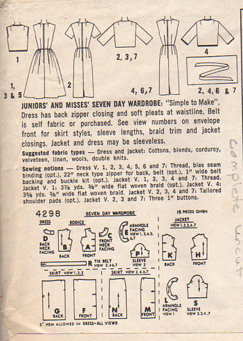 Vintage 1960s Simplicity Sewing Pattern 4298 Junior and Misses 7 Day Wardrobe Dress - Avid Vintage