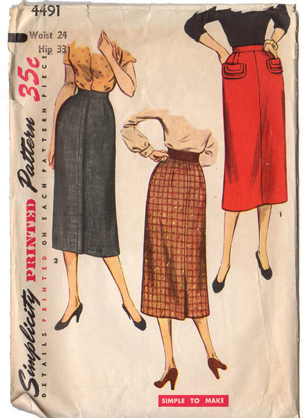 Vintage 1950s Simplicity Ladies Skirt Sewing Pattern 4491 Hip 33 Waist 24 - Avid Vintage