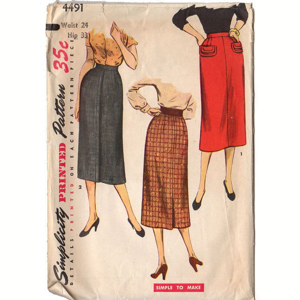Vintage 1950s Simplicity Ladies Skirt Sewing Pattern 4491 Hip 33 Waist 24 - Avid Vintage