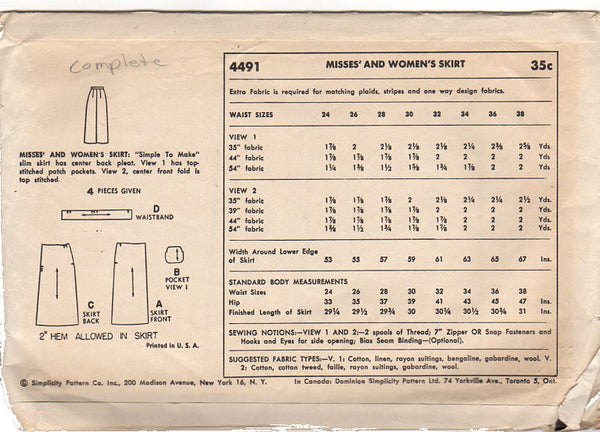Vintage 1950s Simplicity Ladies Skirt Sewing Pattern 4491 Hip 33 Waist 24 - Avid Vintage