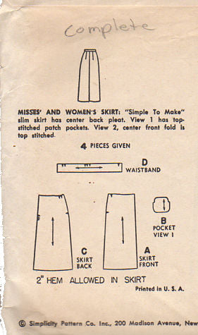 Vintage 1950s Simplicity Ladies Skirt Sewing Pattern 4491 Hip 33 Waist 24 - Avid Vintage