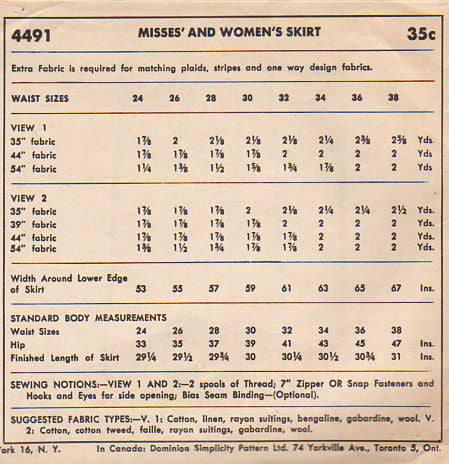 Vintage 1950s Simplicity Ladies Skirt Sewing Pattern 4491 Hip 33 Waist 24 - Avid Vintage