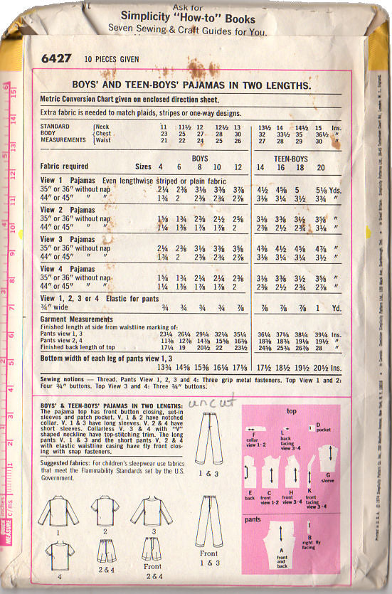 Vintage 1970s Simplicity Pattern 6427 Boys and Teen Boys Pajamas Chest 28 and 30 - Avid Vintage