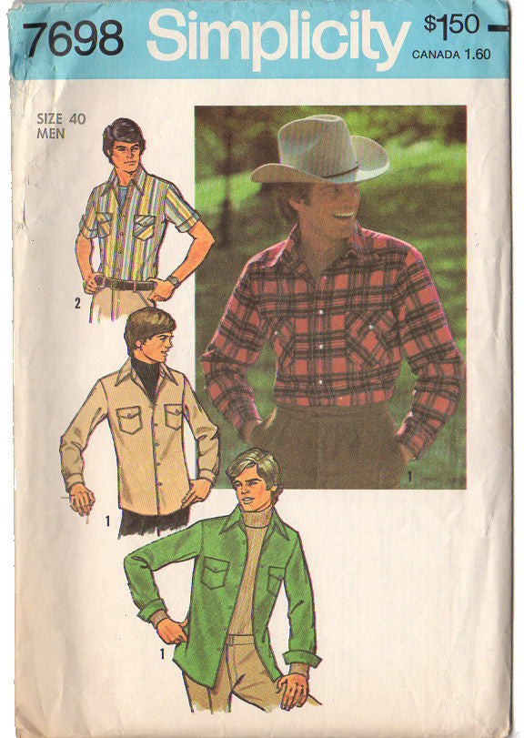 Simplicity 7698 Vintage 1970s Mens Top Stitched Shirt Pattern Adult Chest 40 - Avid Vintage