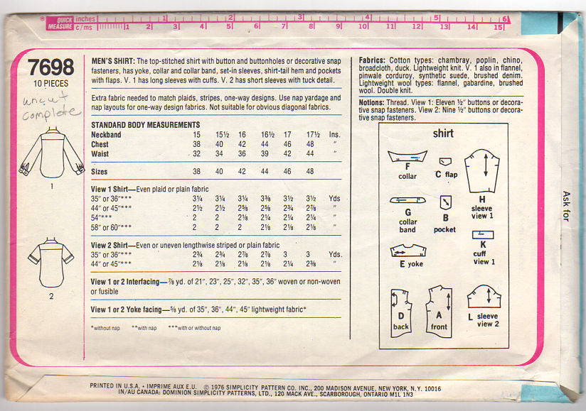 Simplicity 7698 Vintage 1970s Mens Top Stitched Shirt Pattern Adult Chest 40 - Avid Vintage