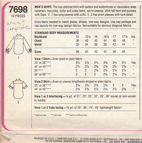 Simplicity 7698 Vintage 1970s Mens Top Stitched Shirt Pattern Adult Chest 40 - Avid Vintage
