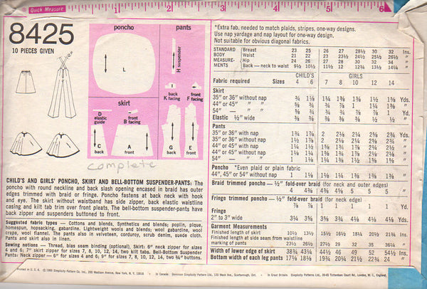Vintage 1960s Simplicity Sewing Pattern 8425 Girls Poncho and Bell Bottom Pants Size 7 - Avid Vintage