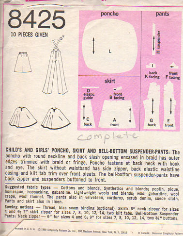 Vintage 1960s Simplicity Sewing Pattern 8425 Girls Poncho and Bell Bottom Pants Size 7 - Avid Vintage