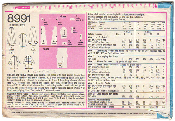Vintage 1970s Simplicity Sewing Pattern 8991 Girls Dress and Pants Back Zipper - Avid Vintage