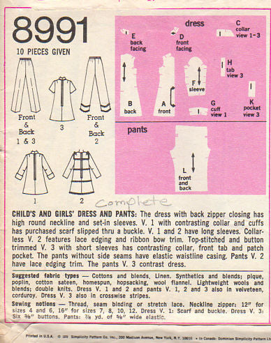 Vintage 1970s Simplicity Sewing Pattern 8991 Girls Dress and Pants Back Zipper - Avid Vintage