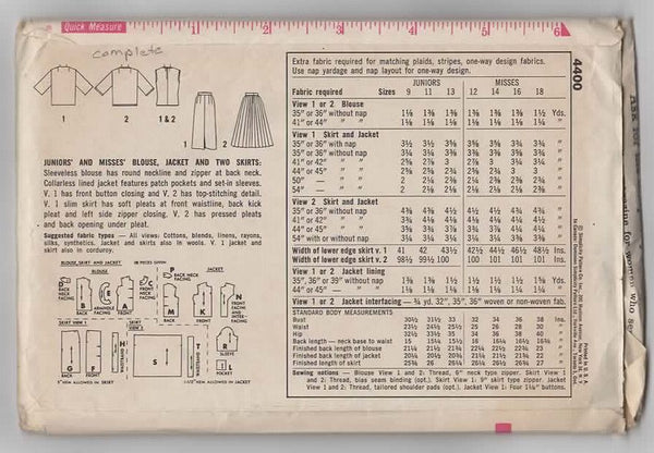 Simplicity Sewing Pattern 4400 Vintage 1960s Jounior Blouse Jacket Skirt Bust 31.5 - Avid Vintage