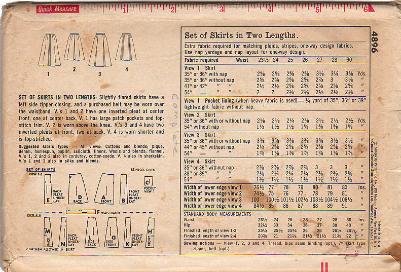 Vintage 60s Flared Skirt Simplicity Sewing Pattern 4896 Hip 36 Waist 26 - Avid Vintage