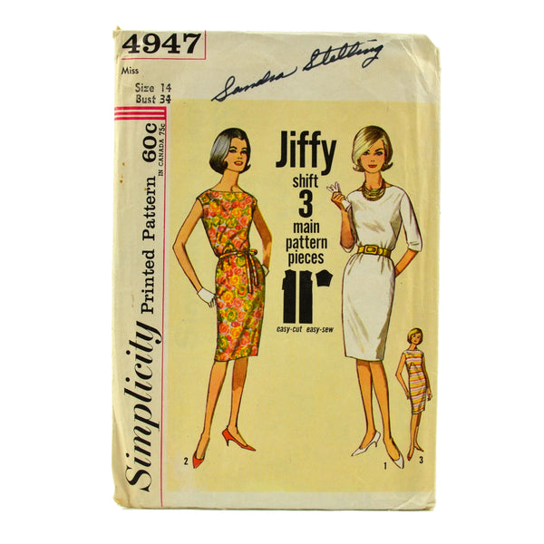 Vintage 1960s Simplicity Sewing Pattern 4947 Misses Knee Length Dress Bust 34 - Avid Vintage