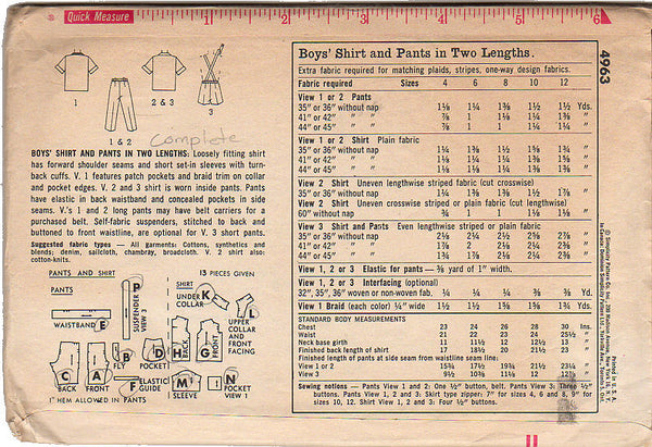 Vintage 1960s Simplicity Sewing Pattern 4963 Boys Shirt and Pants Two Lengths Size 12 - Avid Vintage