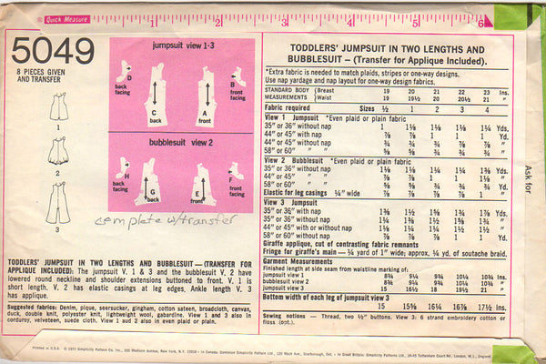 Vintage 1970s Simplicity Sewing Pattern 5049 Toddler Jumpsuit and Bubblesuit Size 1 - Avid Vintage
