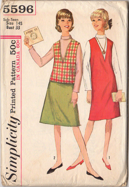 Vintage 1964 Simplicity Sewing Pattern 5596 Sub Teen Jumper, Blouse and Skirt Bust 33 - Avid Vintage