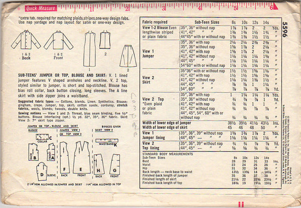 Vintage 1964 Simplicity Sewing Pattern 5596 Sub Teen Jumper, Blouse and Skirt Bust 33 - Avid Vintage