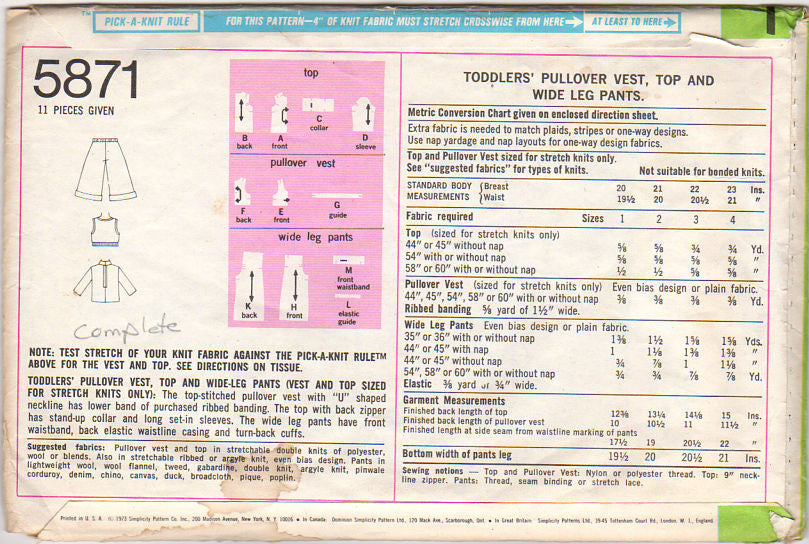Simplicity Sewing Pattern 5871 Vintage Toddler Size 1 Vest Top and Wide Leg Pants - Avid Vintage