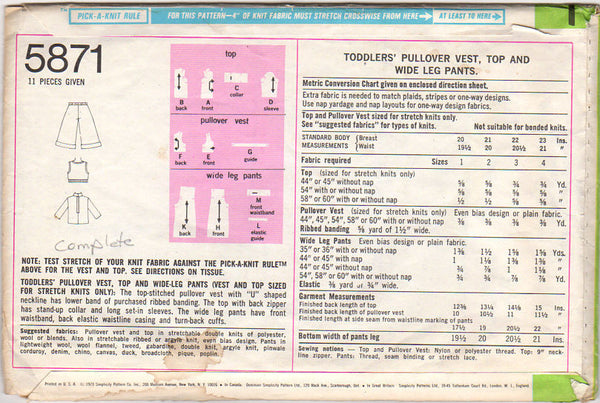 Simplicity Sewing Pattern 5871 Vintage Toddler Size 1 Vest Top and Wide Leg Pants - Avid Vintage