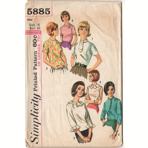 Simplicity Sewing Pattern 5885 Vintage 1965 Misses' Button Back Blouse Bust 36 - Avid Vintage