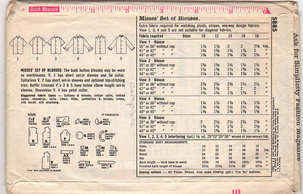 Simplicity Sewing Pattern 5885 Vintage 1965 Misses' Button Back Blouse Bust 36 - Avid Vintage