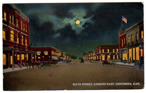 Vintge Concordia Kansas Postcard Sixth Street East 1915 Street Scene at Night - Avid Vintage