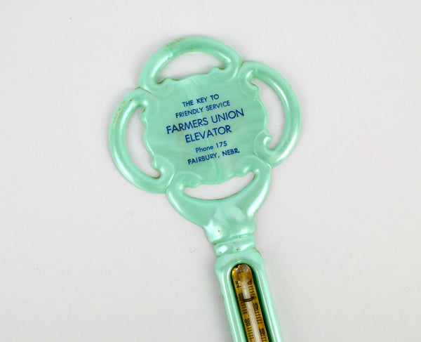 Vintage Skeleton Key Advertising Thermometer Fairbury Nebraska Farmers Union 1960s - Avid Vintage