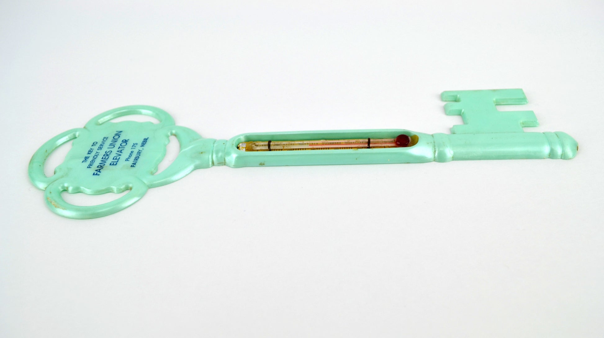 Vintage Skeleton Key Advertising Thermometer Fairbury Nebraska Farmers Union 1960s - Avid Vintage